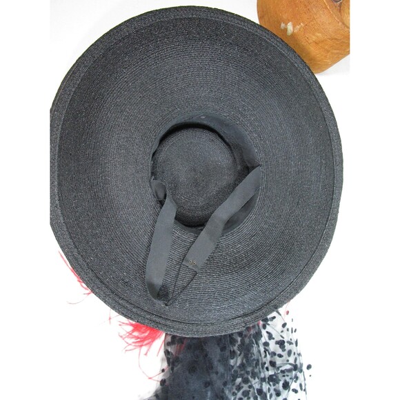 Vintage Wide Brim Hat Black Lace Ostrich Feathers Red Rose Embellishment main image 7